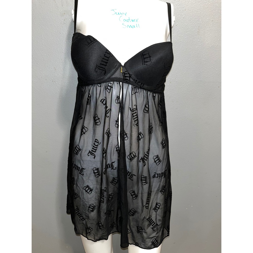 Juicy Couture Black Mesh Baby Doll Lingerie Babydoll Lace Trim Small S